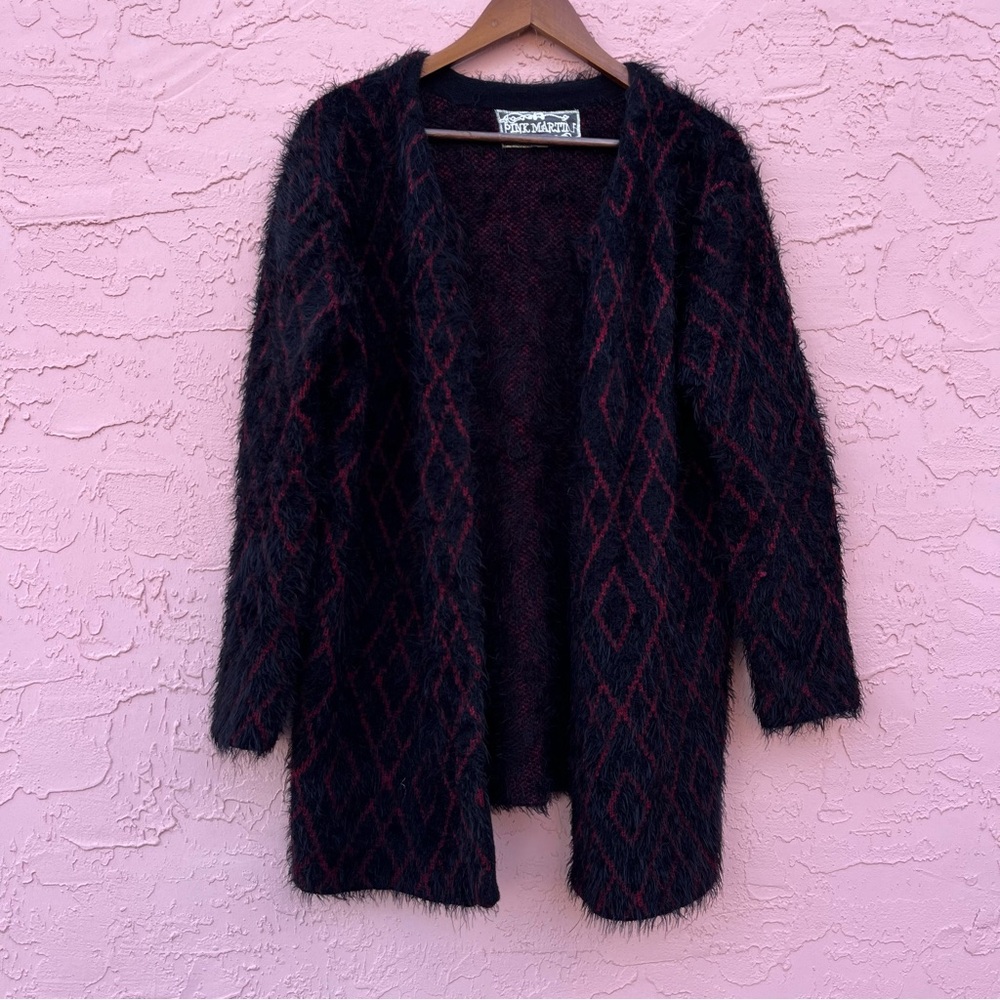 Pink Martini Cardigan Long Open Front Black Red Size Large